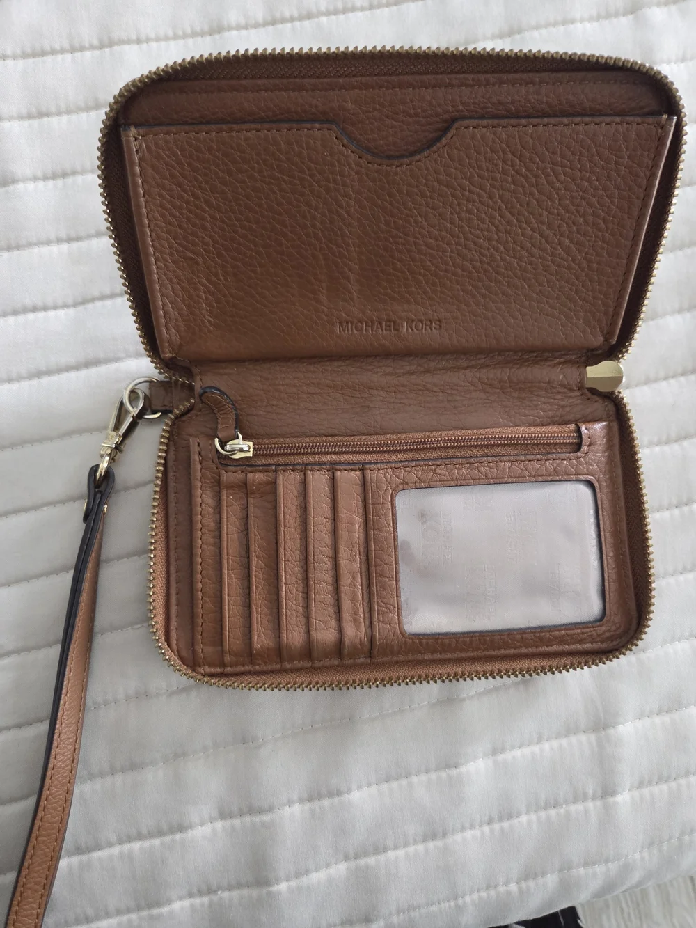 Michael Kors Cognac Leather Wristlet/Wallet with Gold MK Emblem